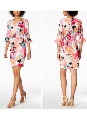 Women's Floral Pink Shift Dress With Bell Sleeves Summer Formal Dress Size 14